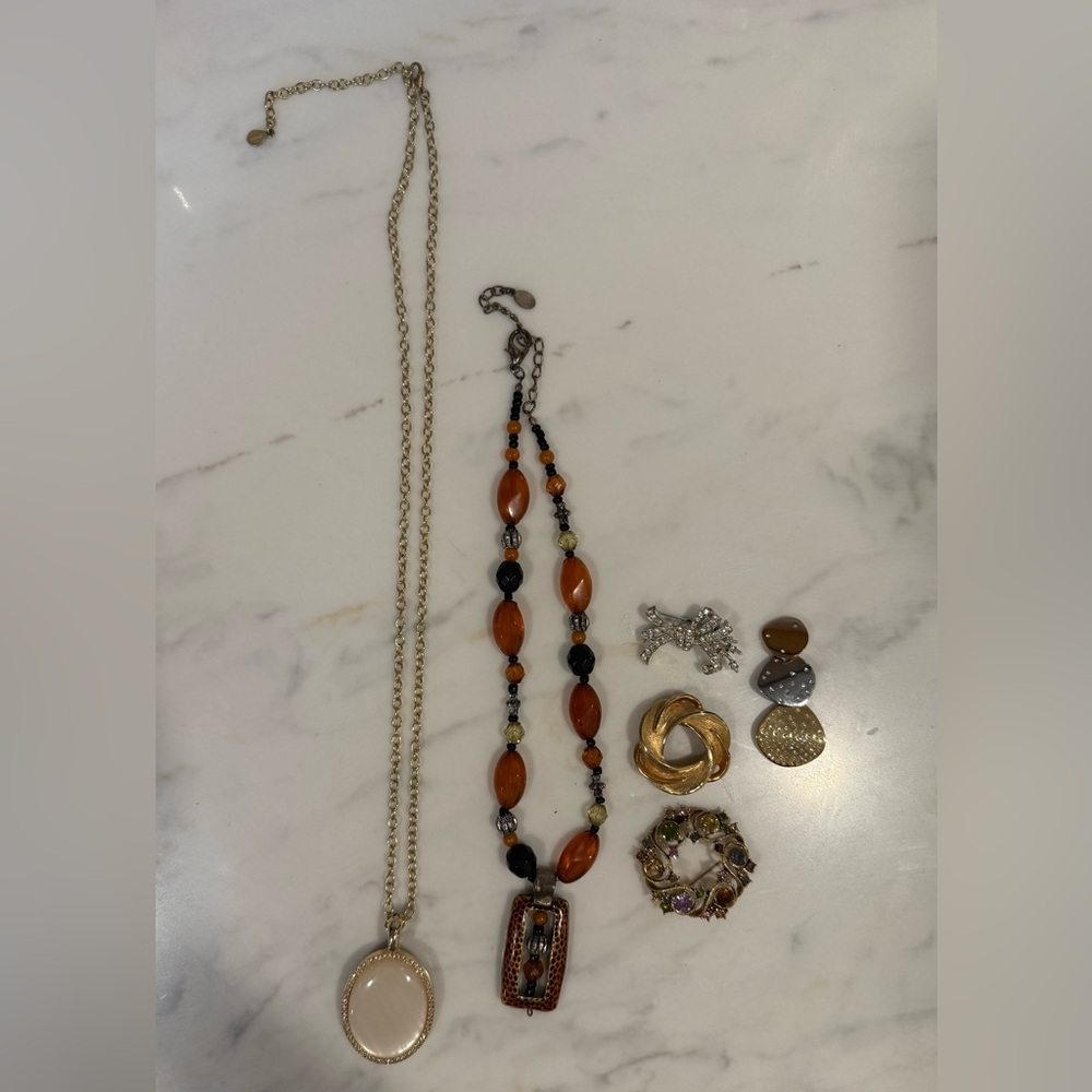 Lot of costume jewelry. 2 necklaces and 4 brooches